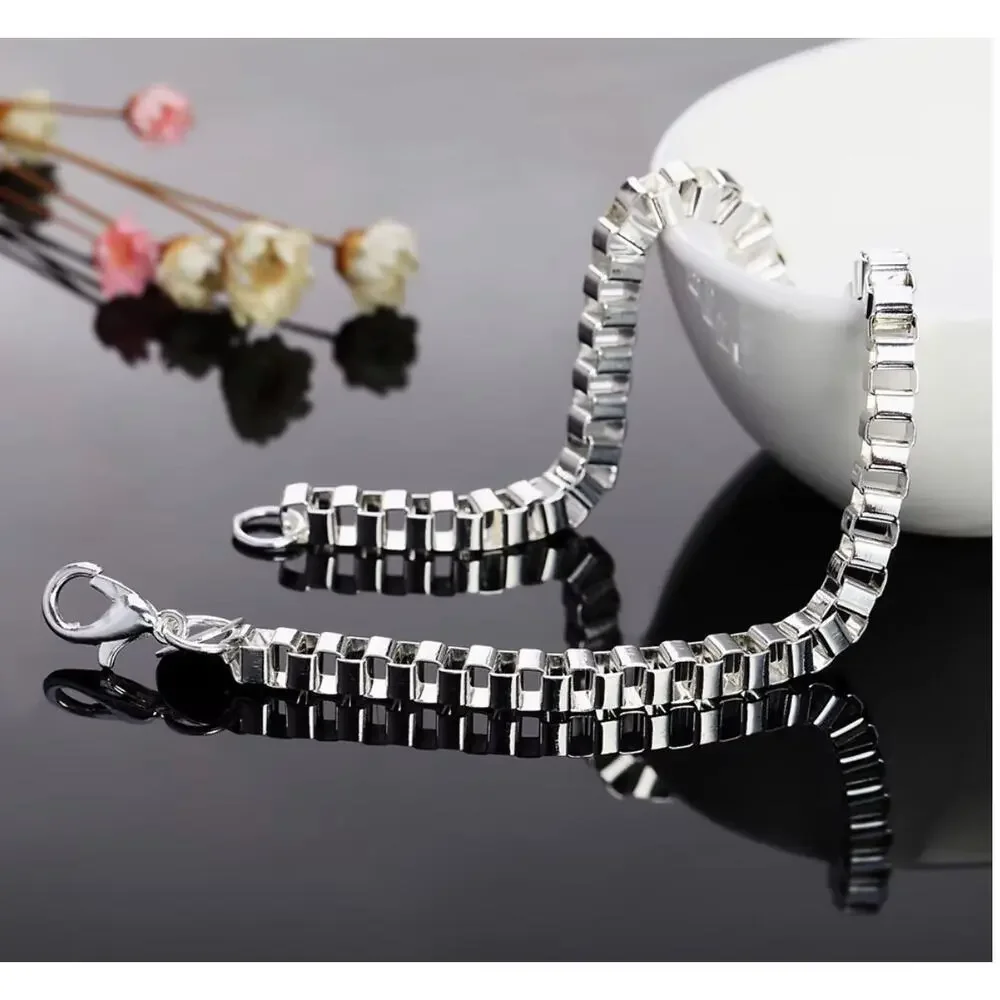 925 Stamped Silver 20CM Bracelet for man woman classic 4MM box chain - Picture 2 of 4